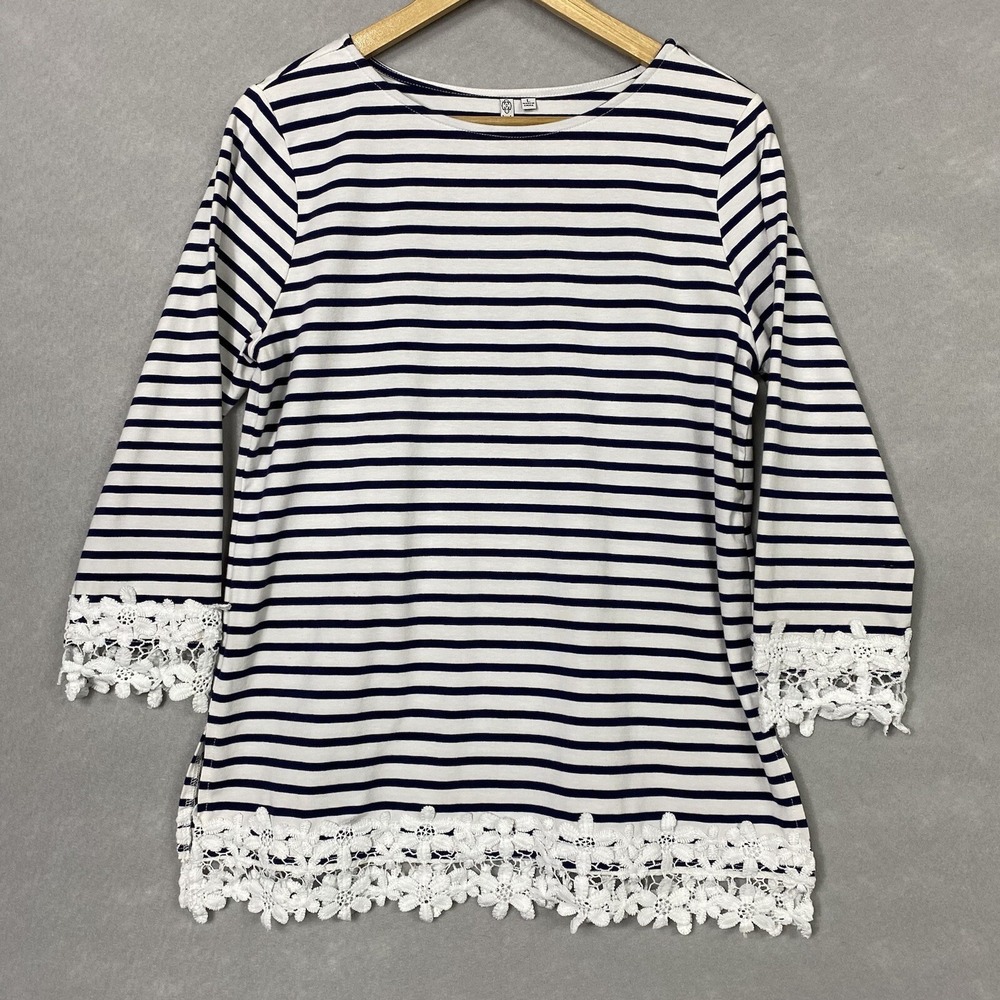 Kate Park Women L Shirt Navy White Striped Floral Lace Trim Stretch 3/4 Sleeve